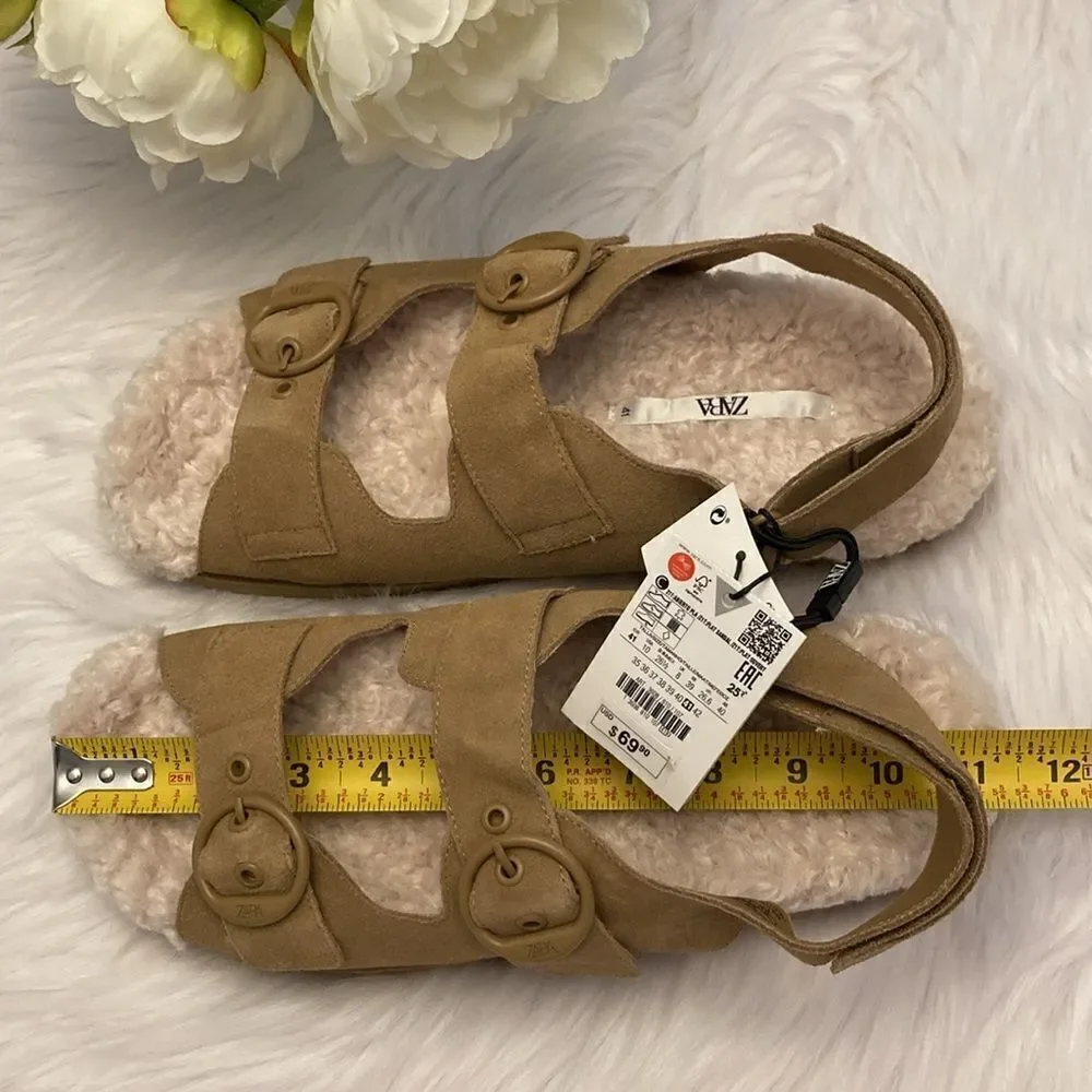 Zara Brown Tan Leather Buckled Flat Sandals Shoes Size 10